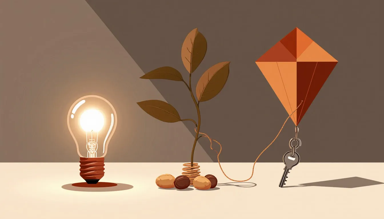 A glowing light bulb, a kite with a key, and a peanut plant, symbols of famous American scientists