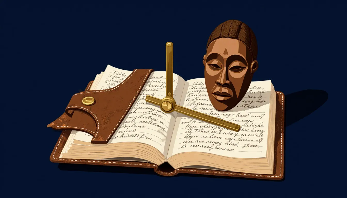 A field journal, carved wooden mask, and brass caliper arranged together, symbolizing early anthropological fieldwork