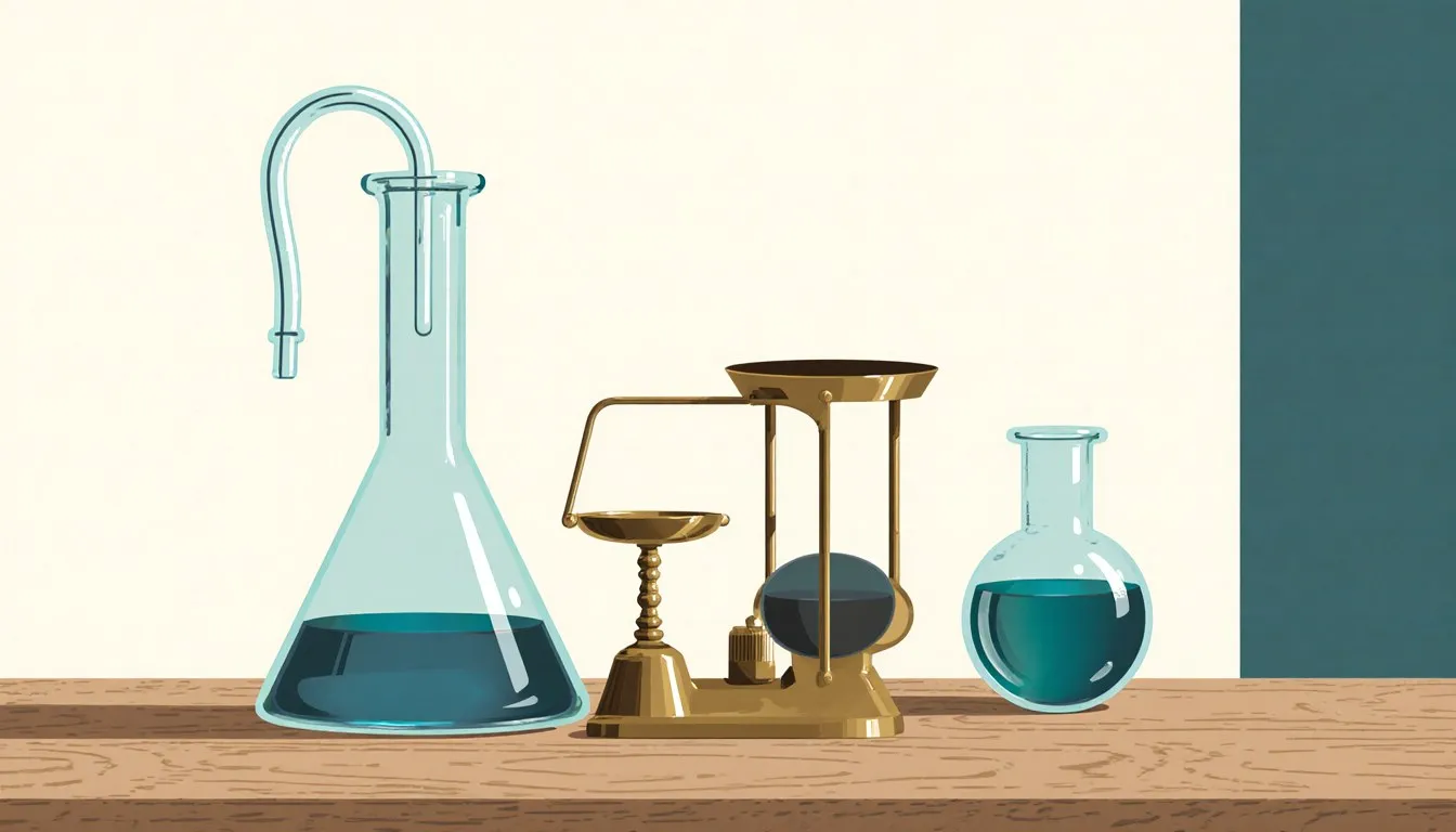 Vintage chemistry apparatus , a glass retort, brass balance scale, and beaker , symbolizing famous chemists' discoveries