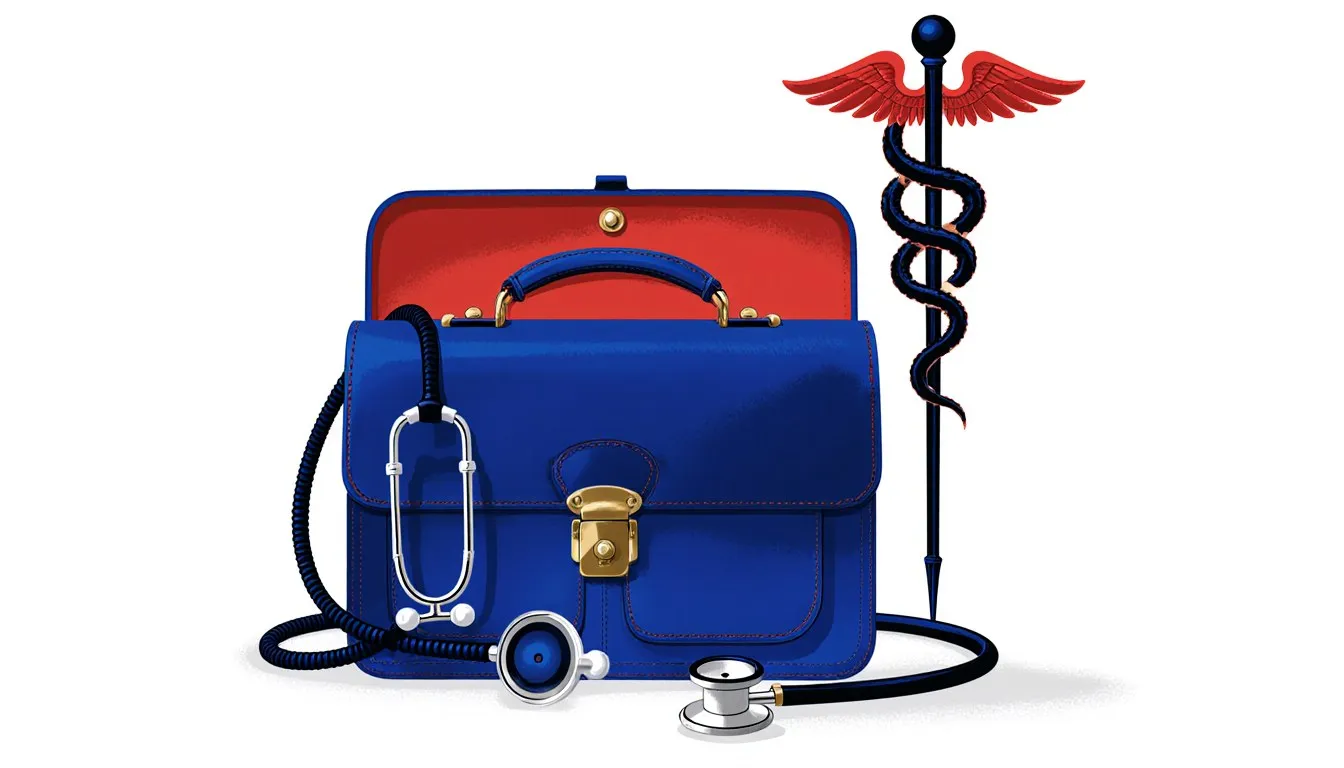 A vintage doctor's bag, stethoscope, and caduceus staff arranged as symbols of medicine's pioneering physicians