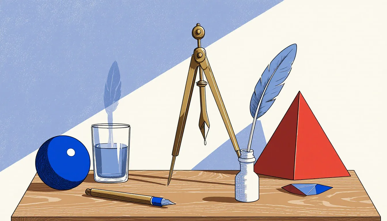 An antique brass compass, quill and inkwell, and geometric solids arranged as a still life honoring classical mathematics