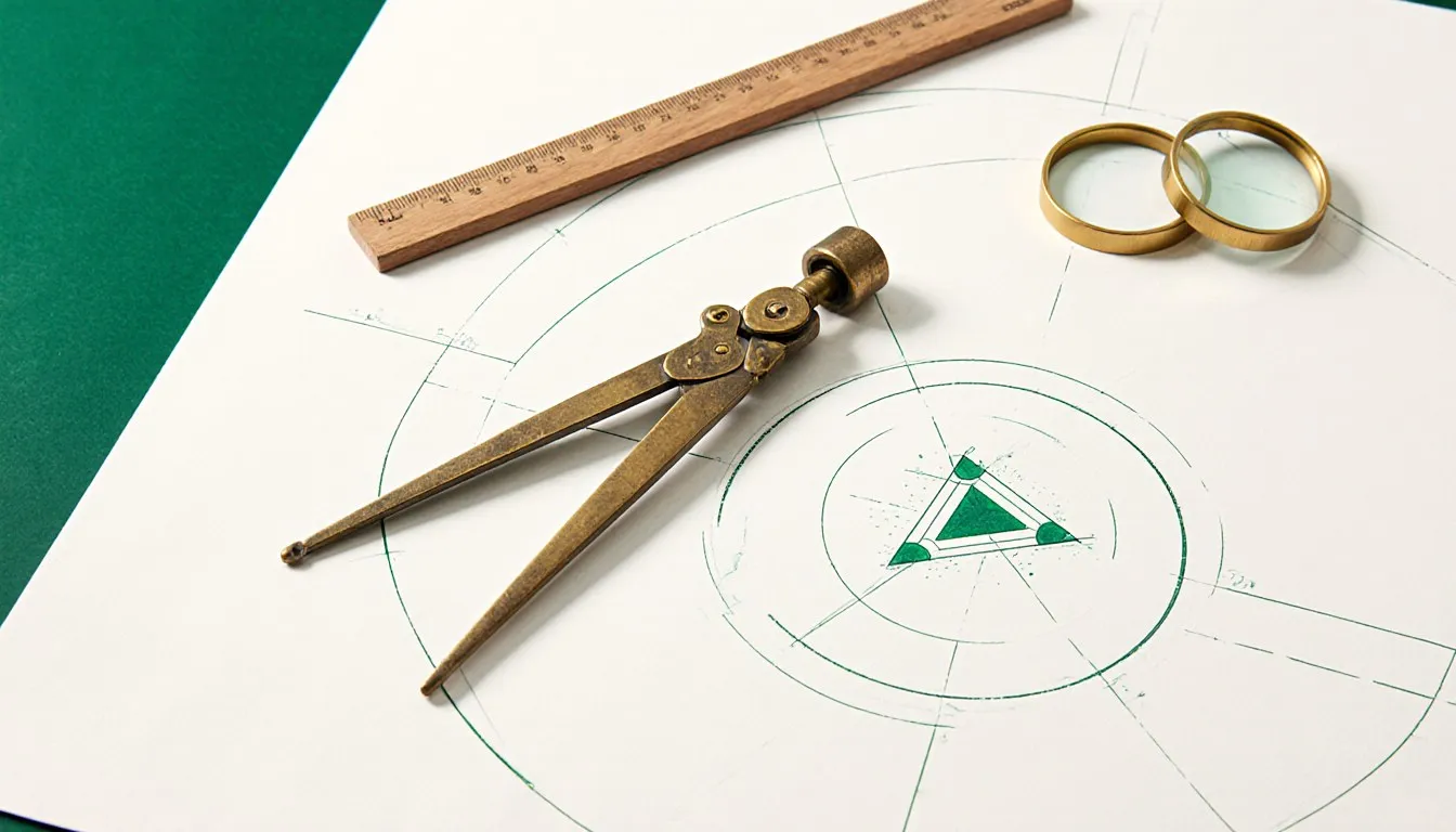 An antique brass compass resting on a hand-drawn geometric circle and triangle, evoking classical mathematics