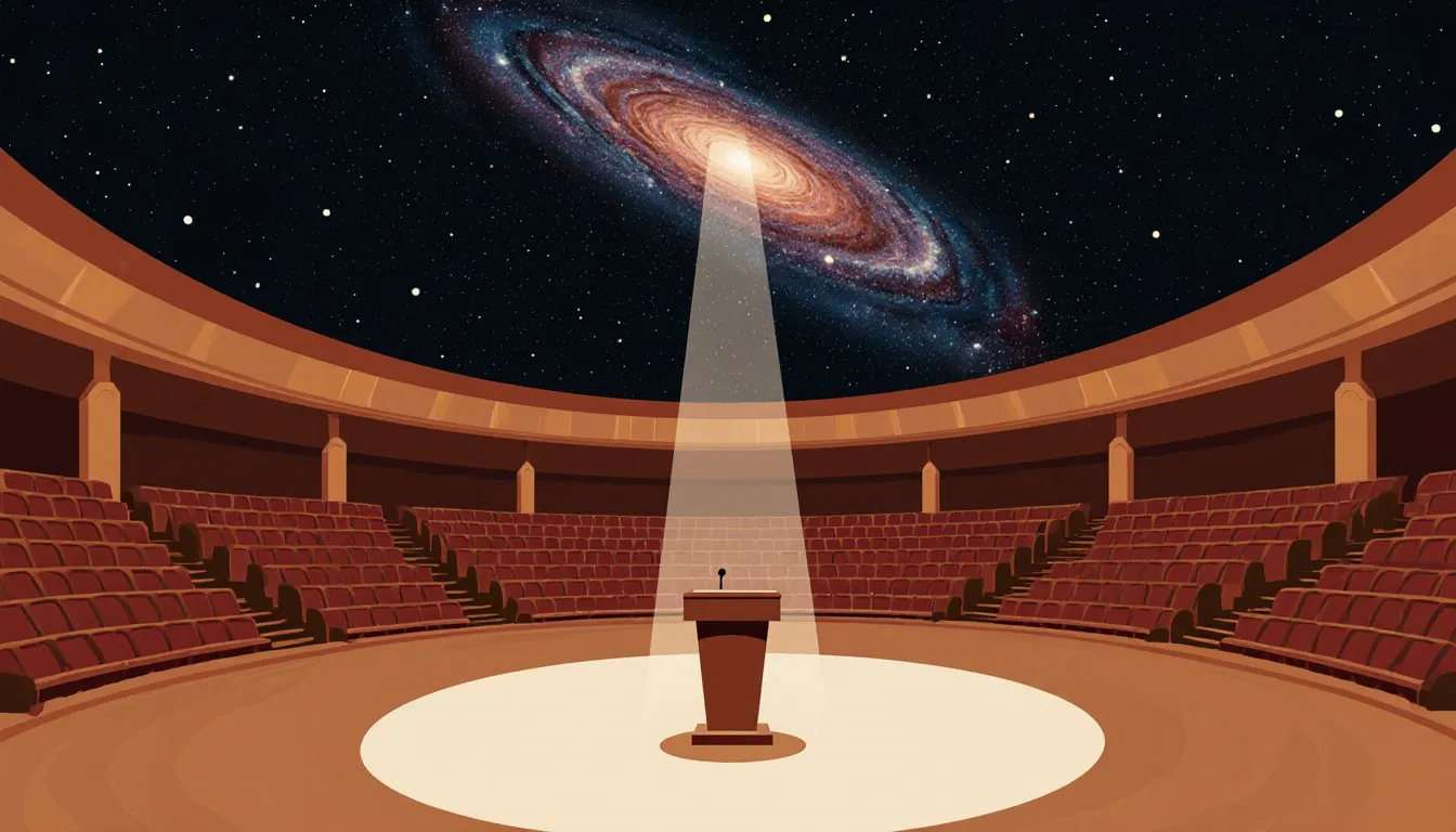 An empty lectern lit by a spotlight beneath a planetarium dome projecting a swirling galaxy of stars