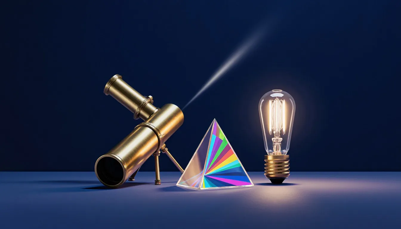 A brass telescope, light-splitting prism, and glowing lightbulb arranged together as emblems of famous scientific discoveries