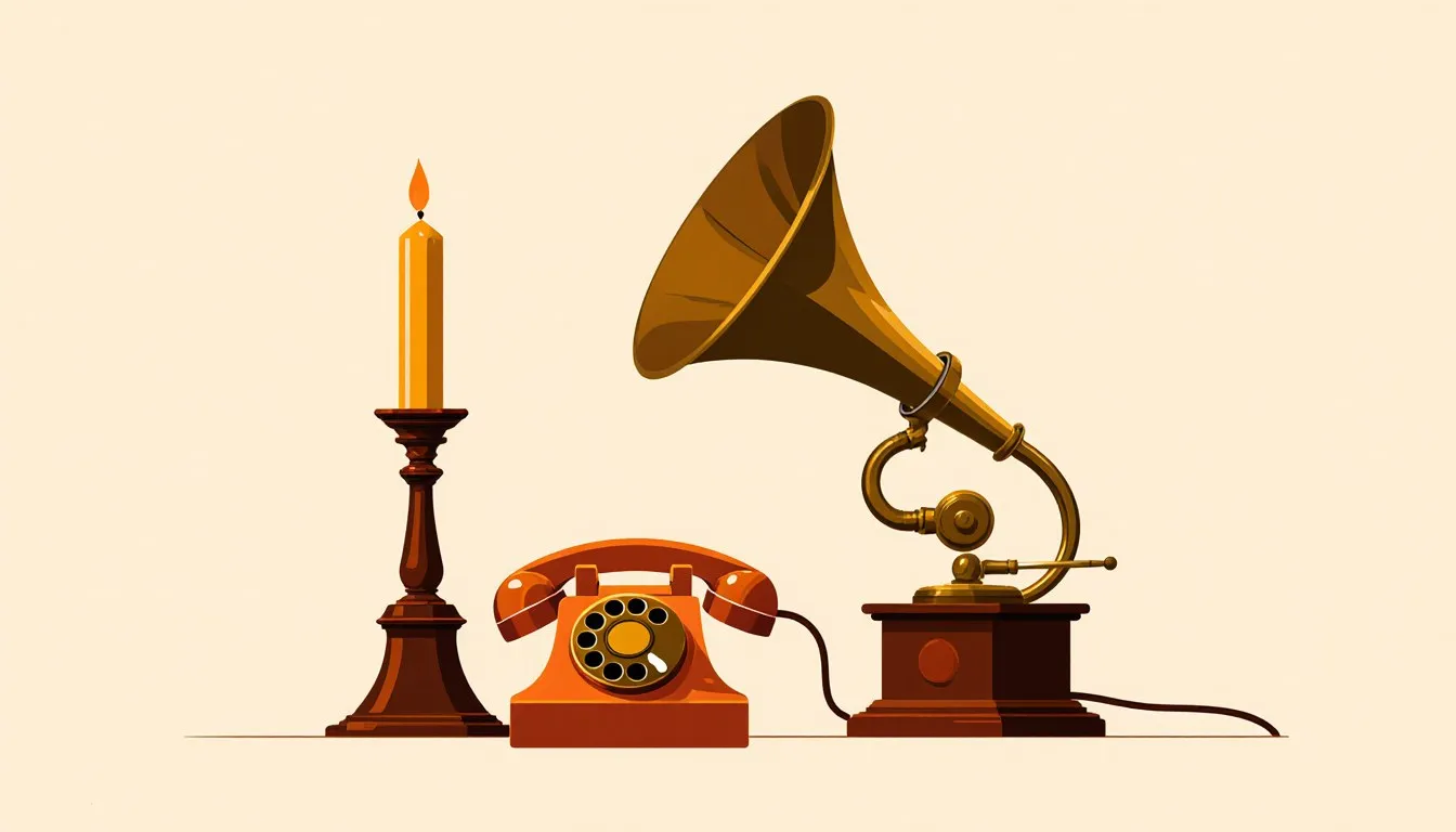 An antique telephone, a brass microscope, and a horned phonograph grouped together as icons of scientific invention
