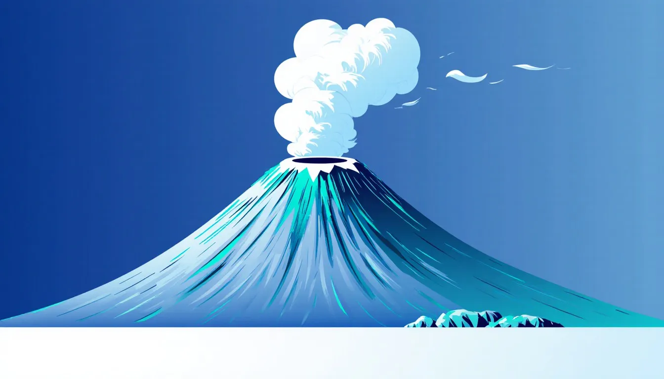 Illustration of a tall Japanese stratovolcano with a dark ash plume rising from its summit crater
