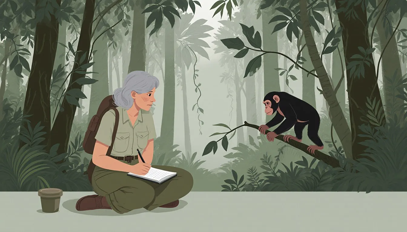 A wildlife biologist quietly observing a chimpanzee in a forest, evoking Jane Goodall's pioneering primate research