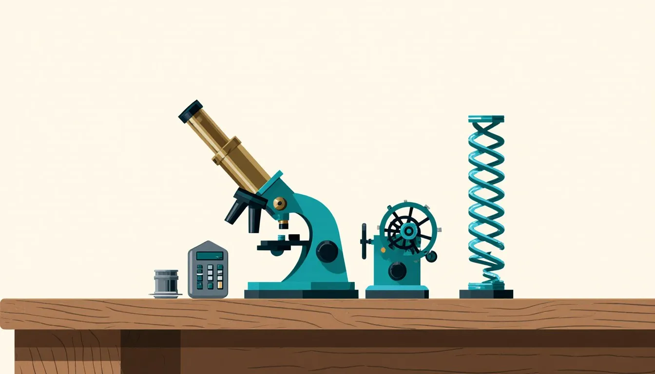 A brass microscope, mechanical gear engine, and DNA helix model arranged together, symbolizing women's contributions to