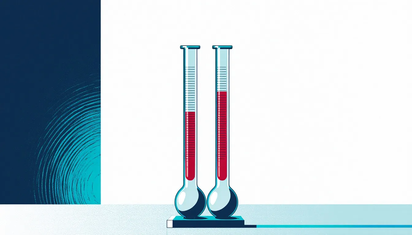 Two glass laboratory thermometers with red liquid columns at different heights, symbolizing temperature scale conversion