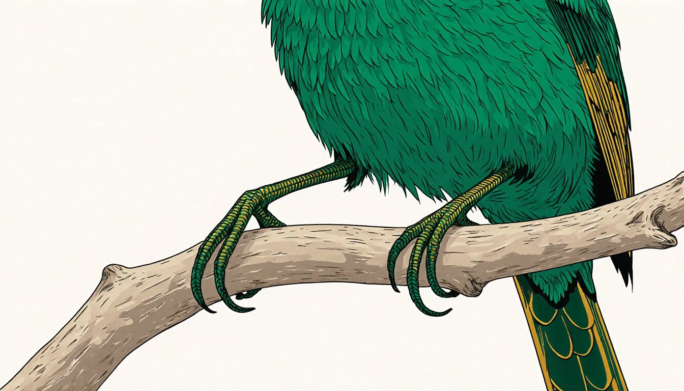 A perching bird with feathered body above and reptile-like scaled legs and feet gripping a branch