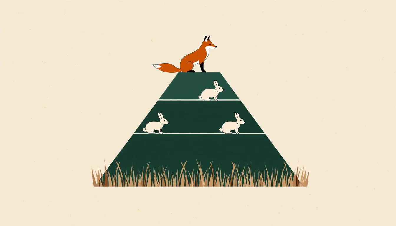Three-tier energy pyramid illustration: grass at the base, three rabbits in the middle, a single fox at the top