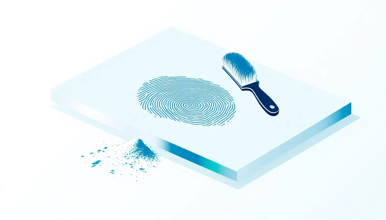 Illustration of a fingerprint dusting brush sweeping powder beside a large looping fingerprint spiral
