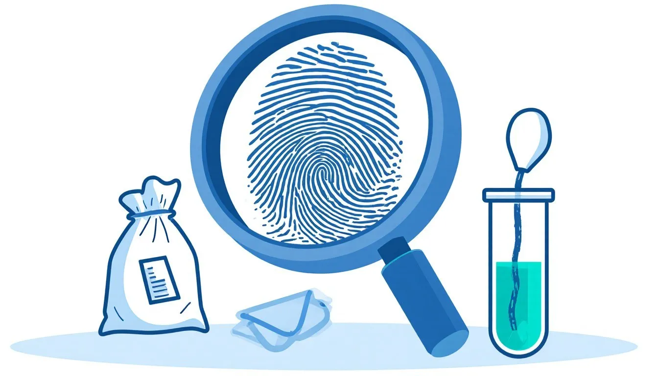Illustration of a magnifying glass over a fingerprint beside an evidence bag and test tube