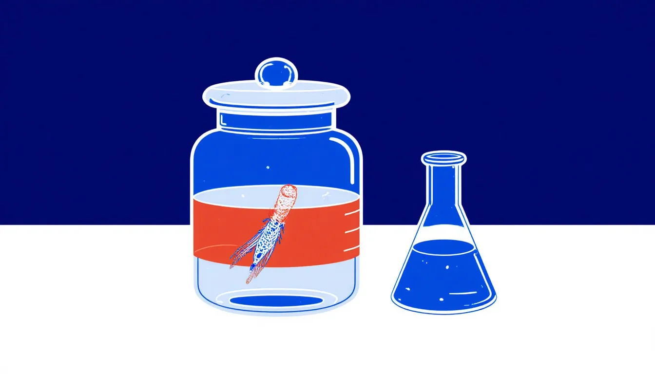 A glass specimen jar with a preserved sample in clear liquid beside a small laboratory flask of the same liquid