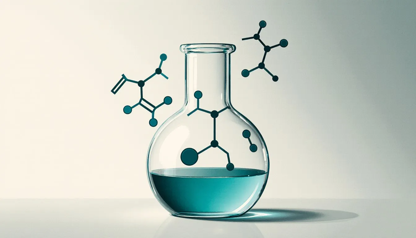 A flask of formic acid solution with its molecular structure shown mostly intact, only partly split into ions.
