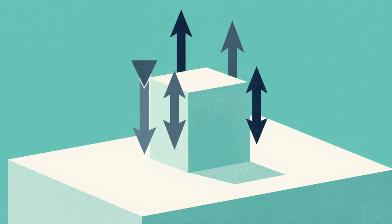 A block on a surface with arrows radiating outward representing different physical forces, illustrating a free body diagram