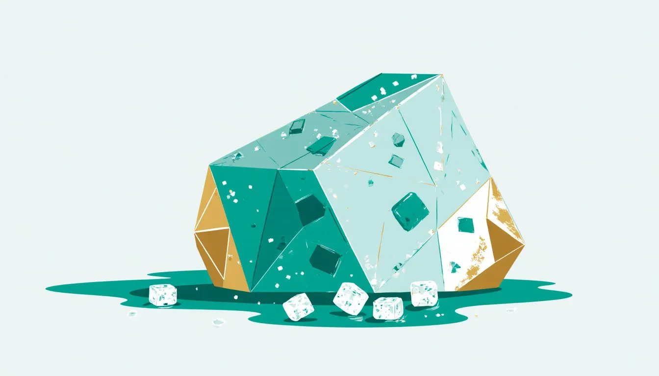 A jagged block of ice studded with salt crystals resting in a shallow pool of water