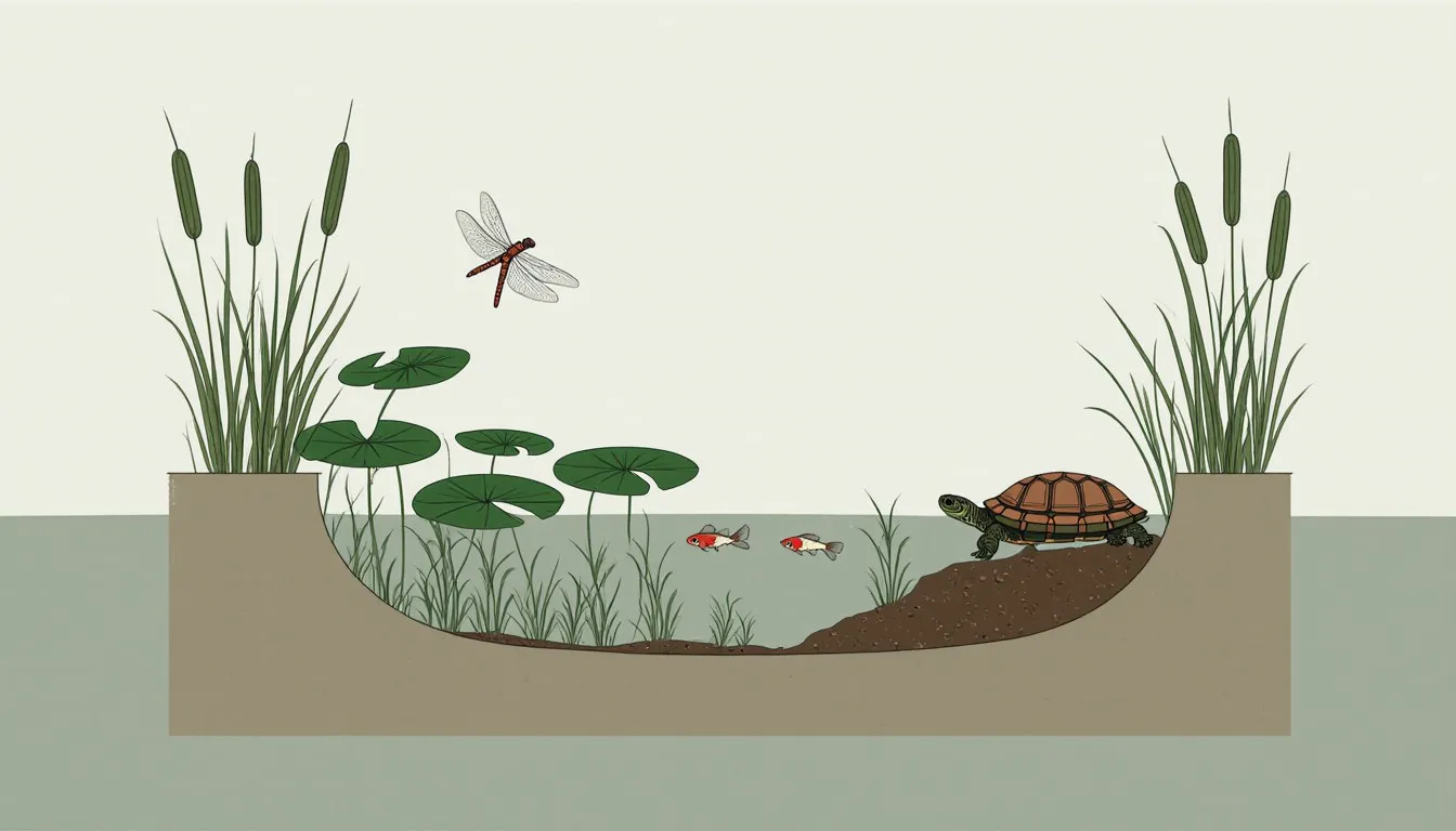 Cross-section illustration of a freshwater pond, with reeds and lily pads above water and fish and a turtle below