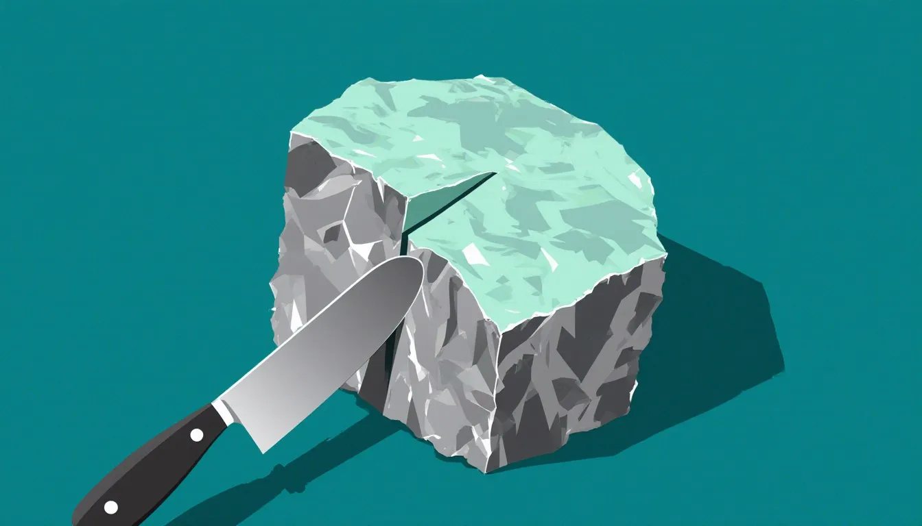 A soft chunk of silvery potassium metal with a wedge sliced off by a knife, showing how easily it can be cut.