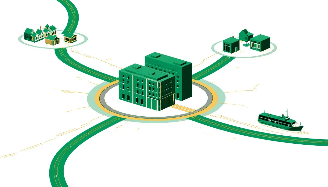 A central hub linked by radiating routes to surrounding nodes, illustrating a functional region's network structure