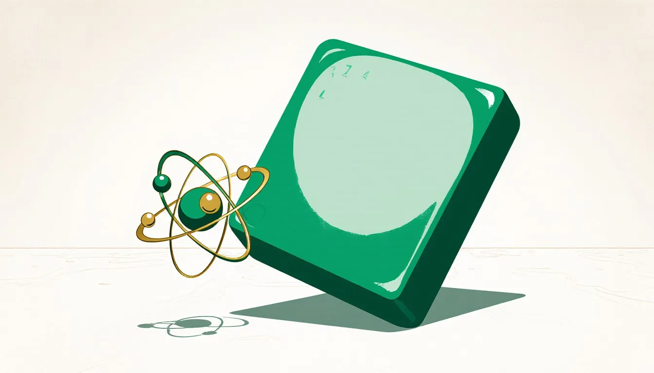An oversized, tilted periodic-table tile beside a simple atom symbol, evoking playful chemistry humor