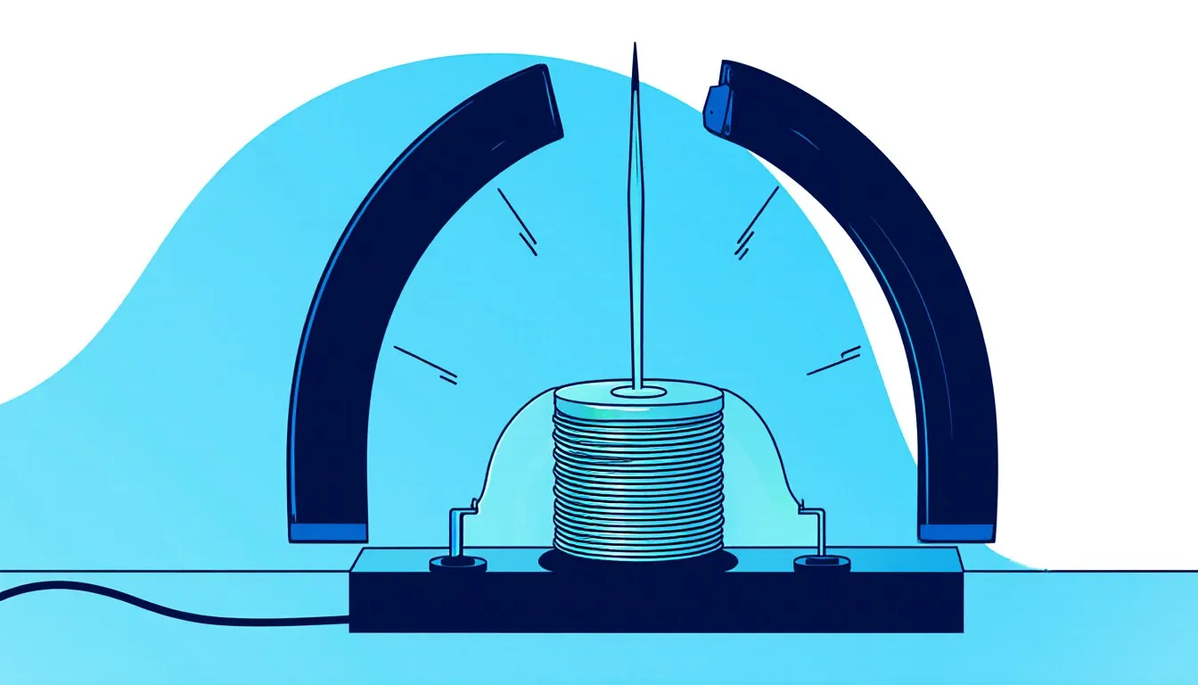 A moving-coil galvanometer with a horseshoe magnet, suspended coil, and deflected pointer needle on a curved scale.