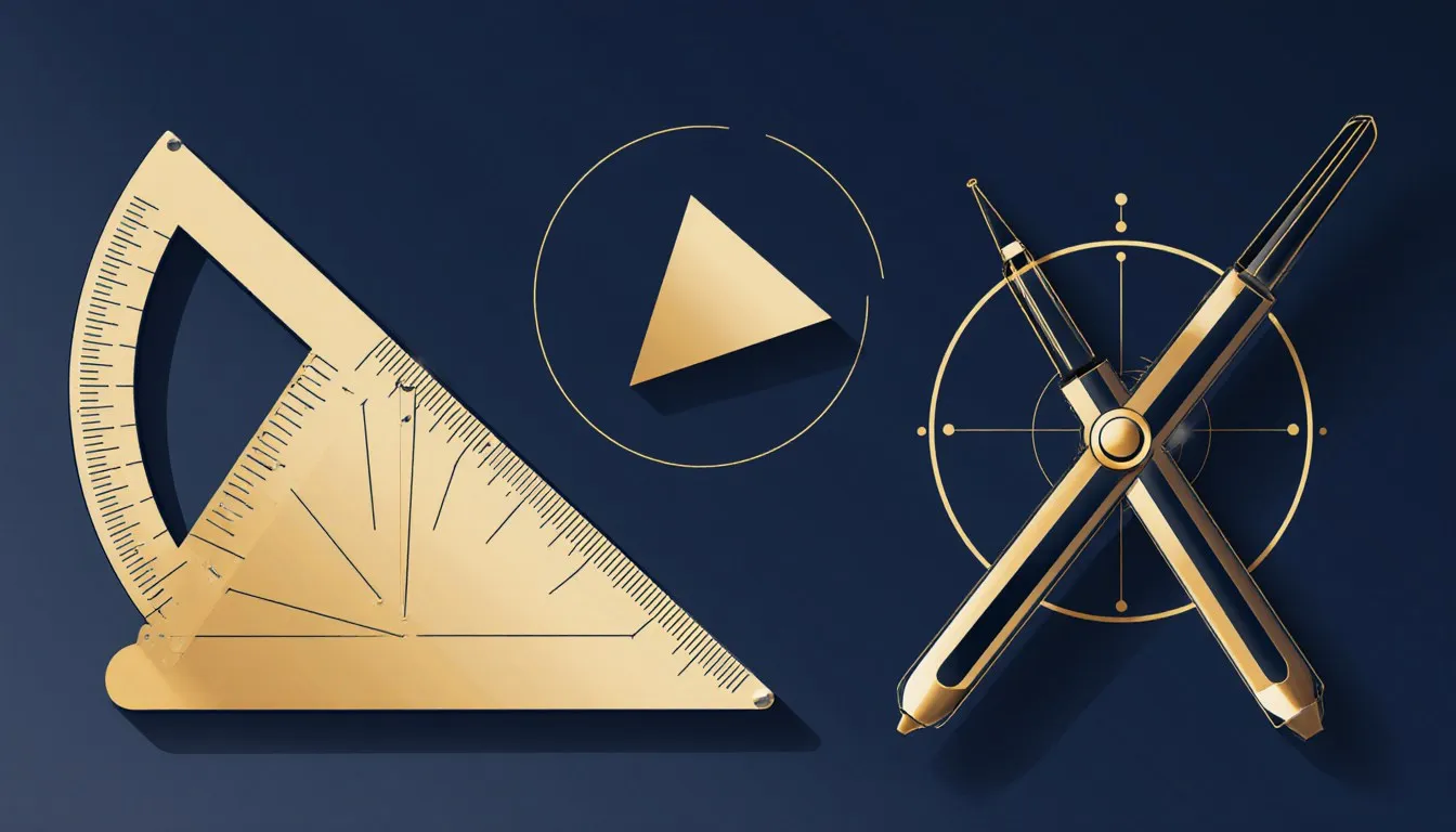 A protractor measuring an angle beside a triangle and a compass drawing a circle with a highlighted arc