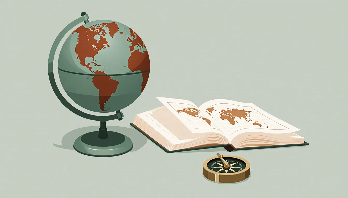 A globe, open atlas, and compass arranged together representing geography terms and definitions