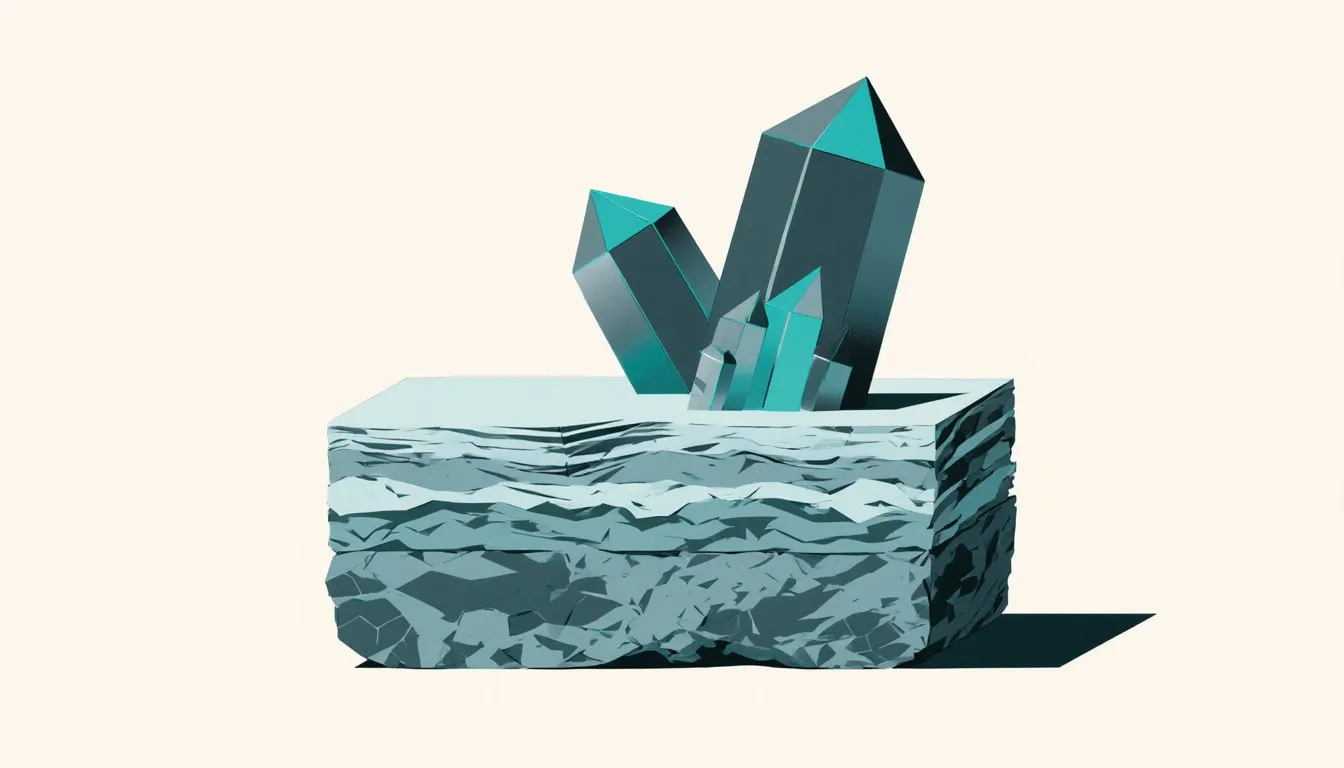 Illustration of layered sedimentary rock beside a cluster of mineral crystals, representing core geology concepts