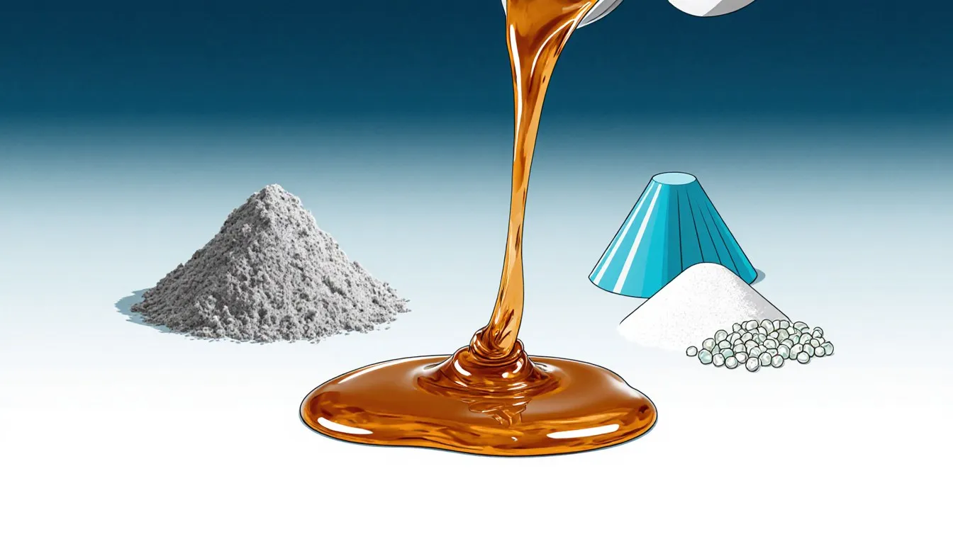 Illustration of a pool of viscous glue beside mounds of metallic powder and crystalline granules, the raw ingredients of