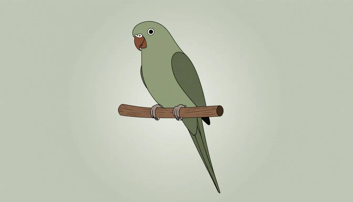A pet parakeet perched on a wooden dowel, illustrating the search for the perfect bird name