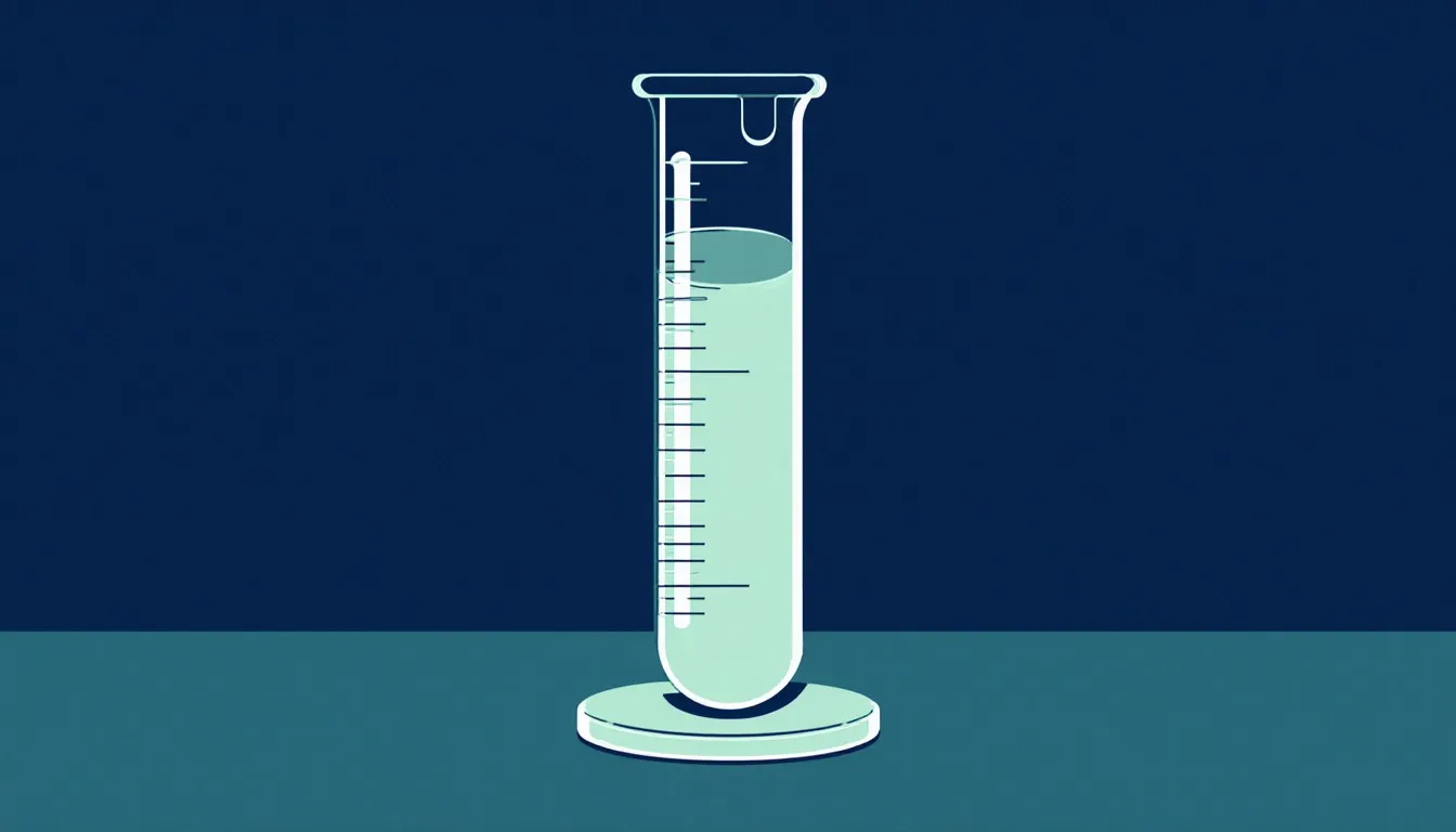 A glass graduated cylinder partly filled with liquid, showing measurement marks and a curved meniscus