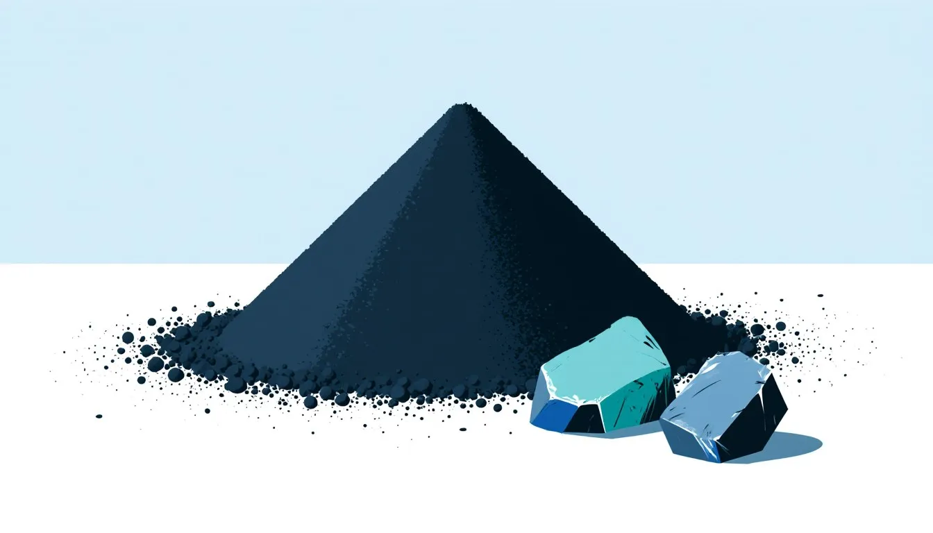 A mound of fine graphite powder beside a few solid graphite flakes, showing the mineral in powdered and raw form
