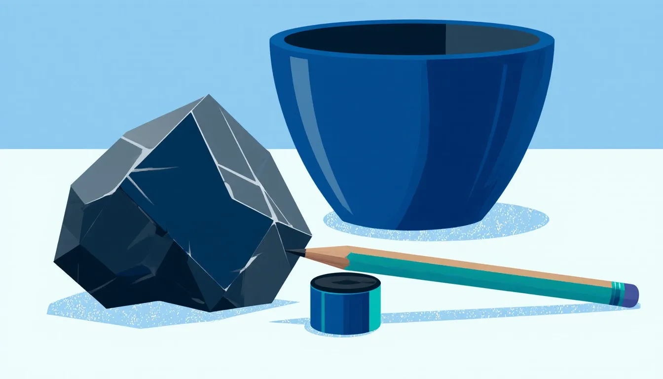 Illustration of raw graphite ore, a sharpened pencil, and a crucible representing graphite's everyday uses