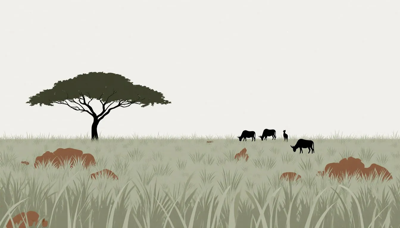 An open grassland with tall grass, a lone tree, and grazing animals stretching to a flat horizon