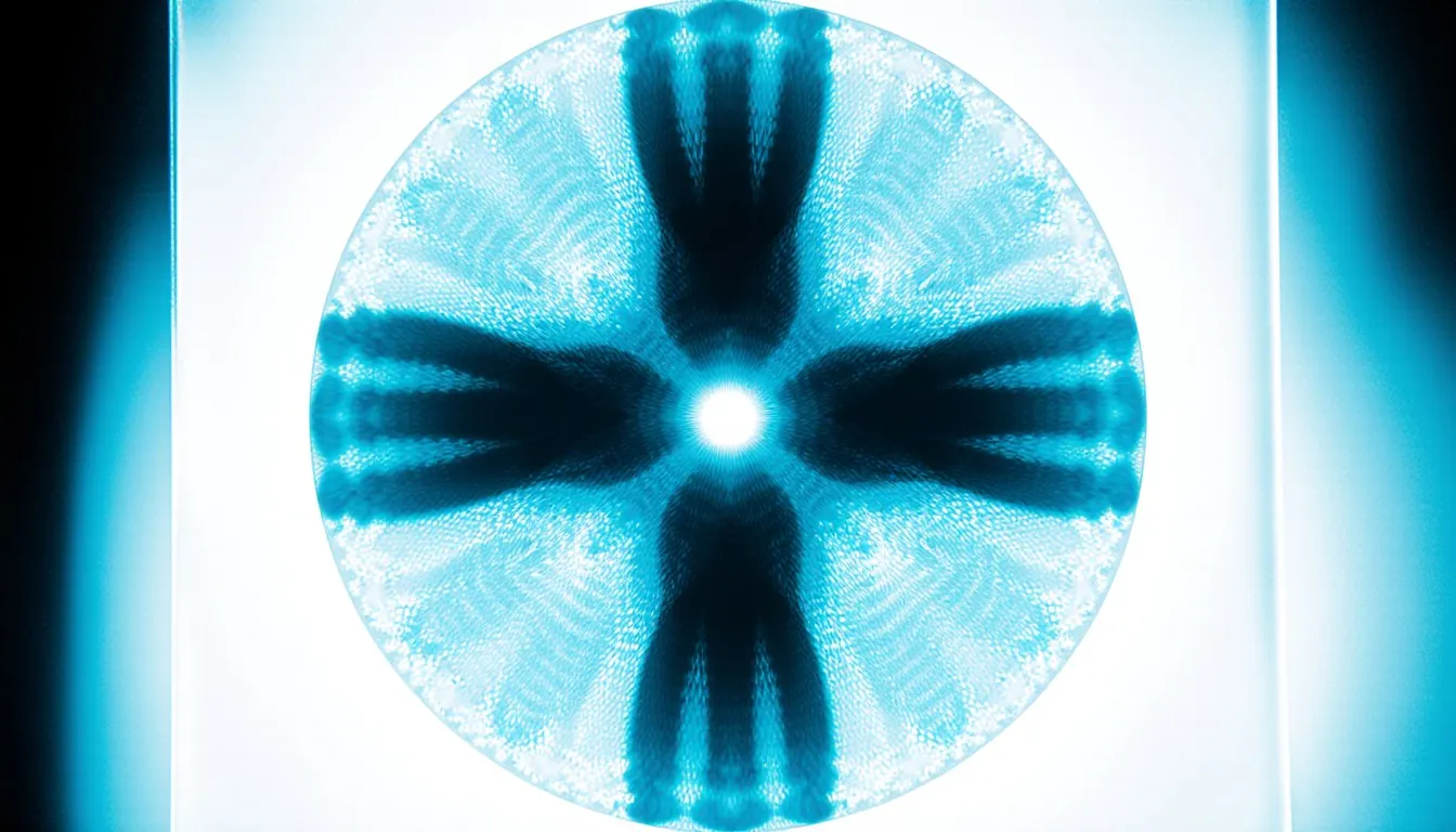 A glowing blue diffraction pattern radiating in an X from a bright center, like a famous crystallography plate