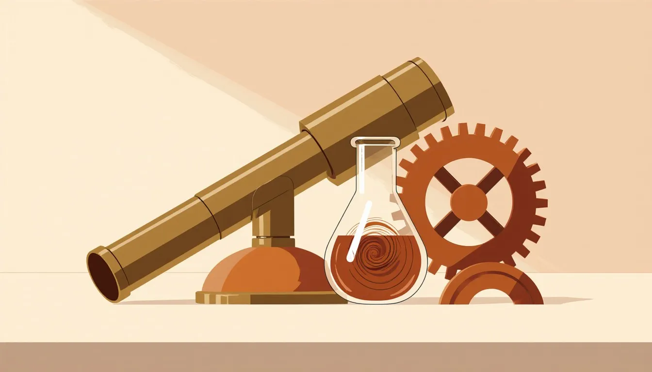 A brass telescope, glass beaker, and mechanical gear arranged together, symbolizing scientific discovery