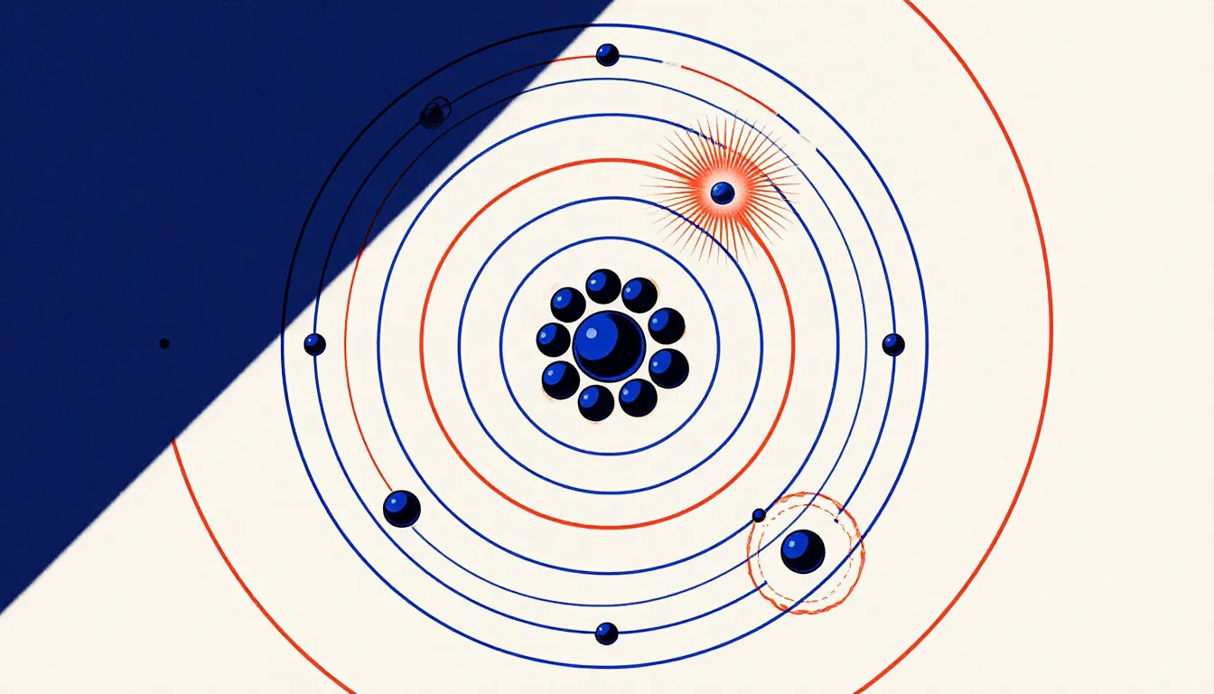 Stylized Bohr model atom with a central nucleus and electrons orbiting on concentric energy-level rings