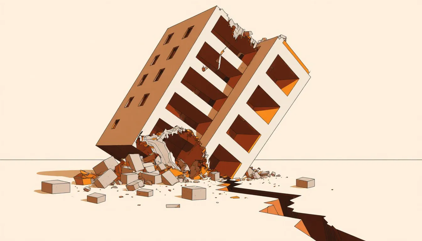 A collapsed multi-story building leaning beside a deep crack splitting the ground, depicting earthquake devastation