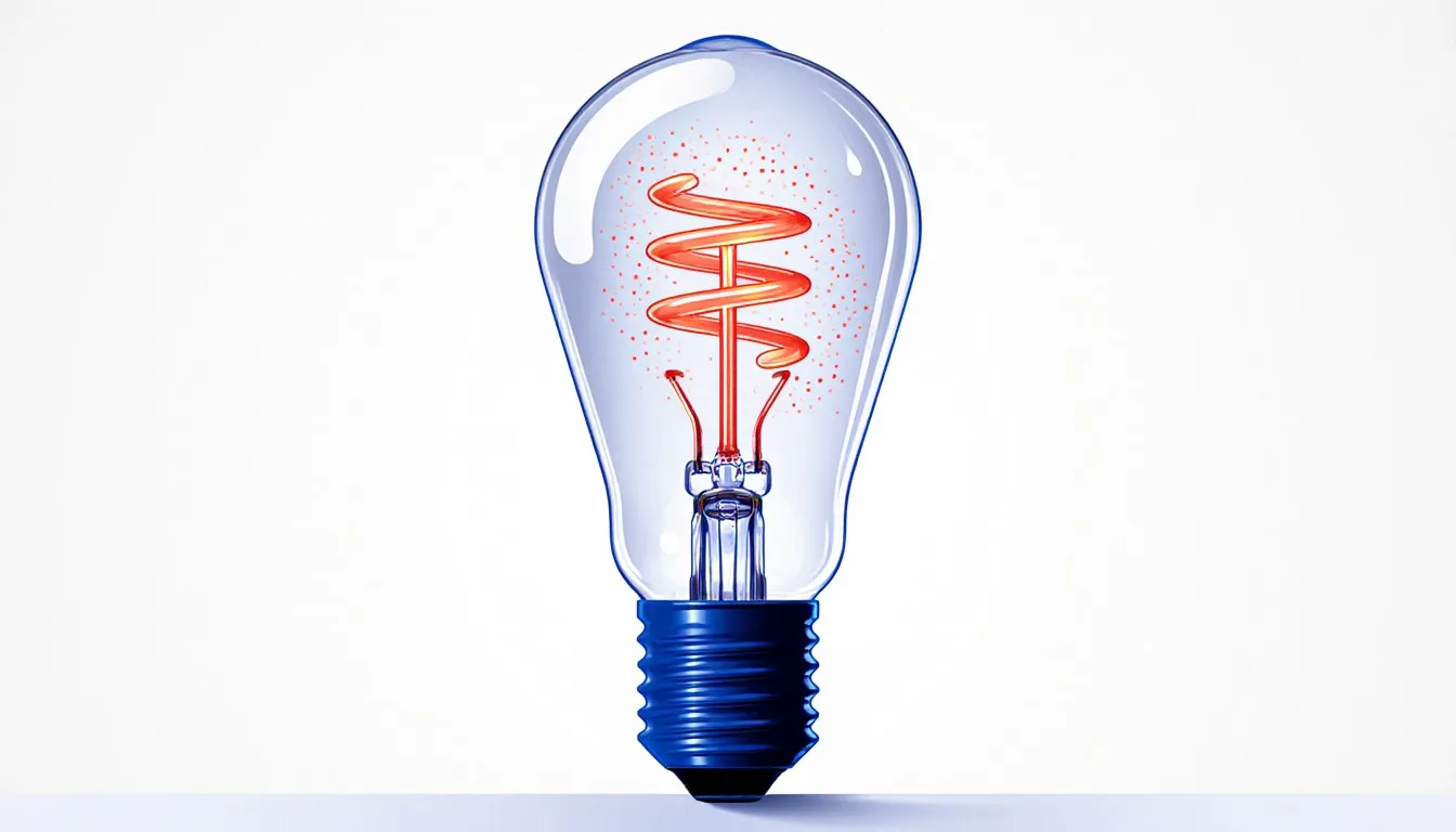 Illustration of a halogen lamp with a glowing tungsten filament encircled by orbiting vapor particles inside the glass