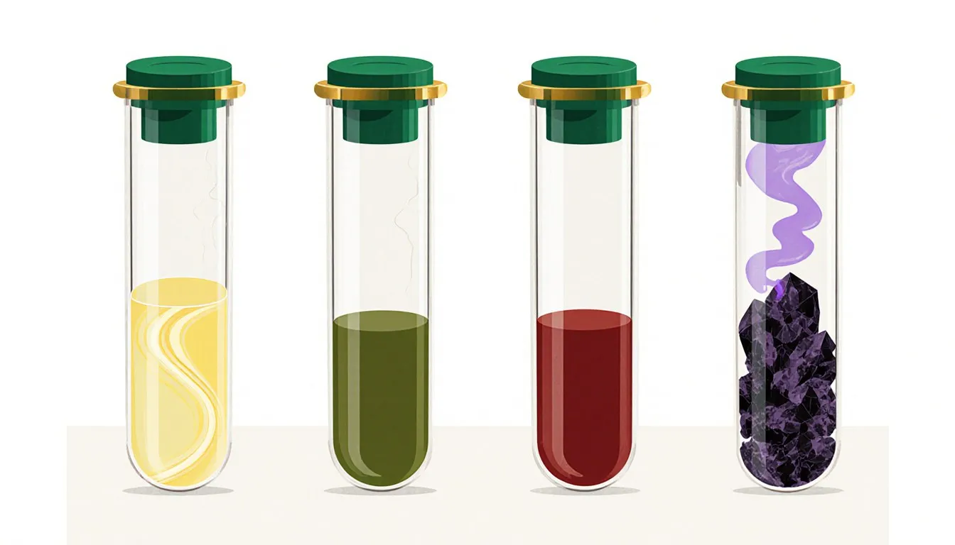 Four sealed glass vials showing the distinct colors of fluorine, chlorine, bromine, and iodine gases and liquids