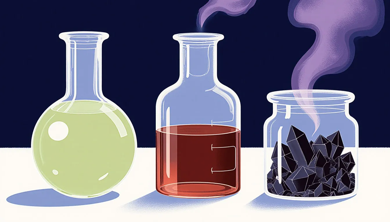 Three sealed glass vessels showing halogens as a greenish gas, a reddish-brown liquid, and dark crystals with violet vapor
