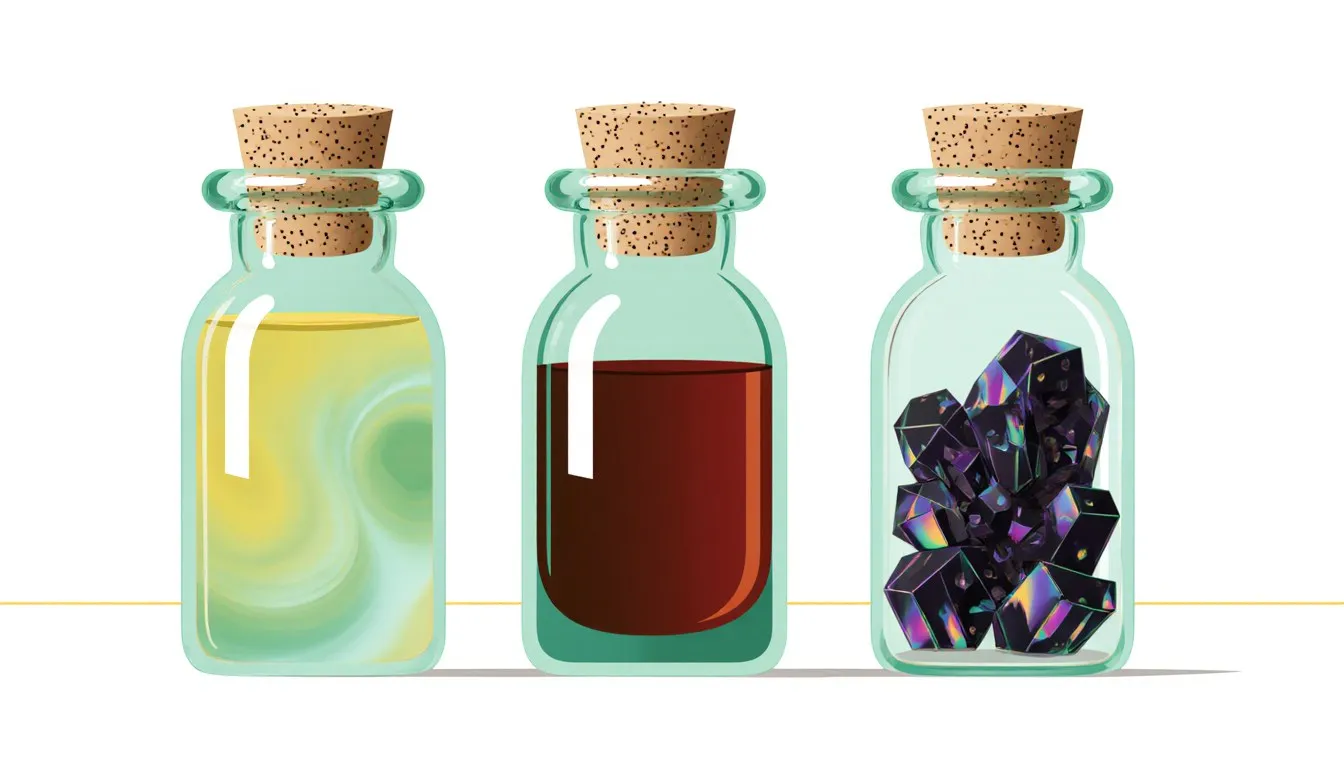 Three sealed vials showing halogens as a gas, a liquid, and a solid, each with its own distinct color