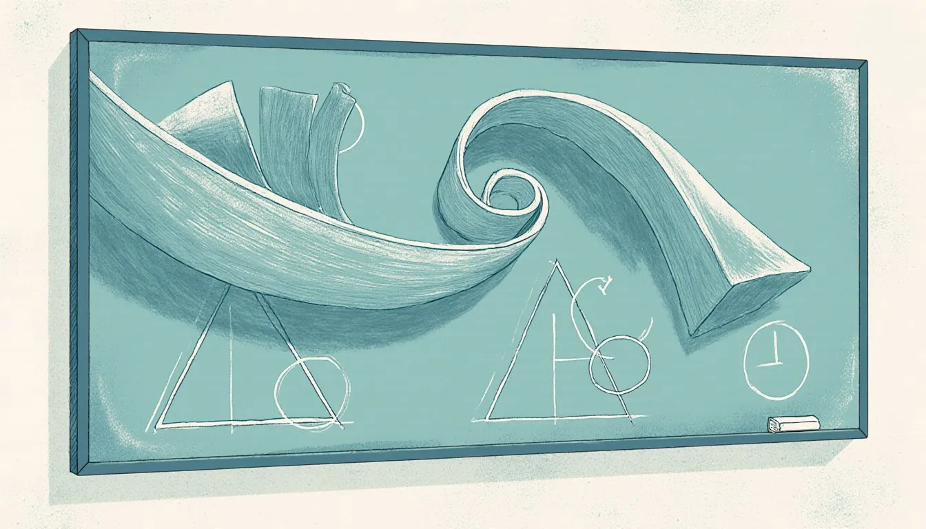 Chalkboard illustration of a spiraling curve and geometric triangle diagram representing unsolved math problems