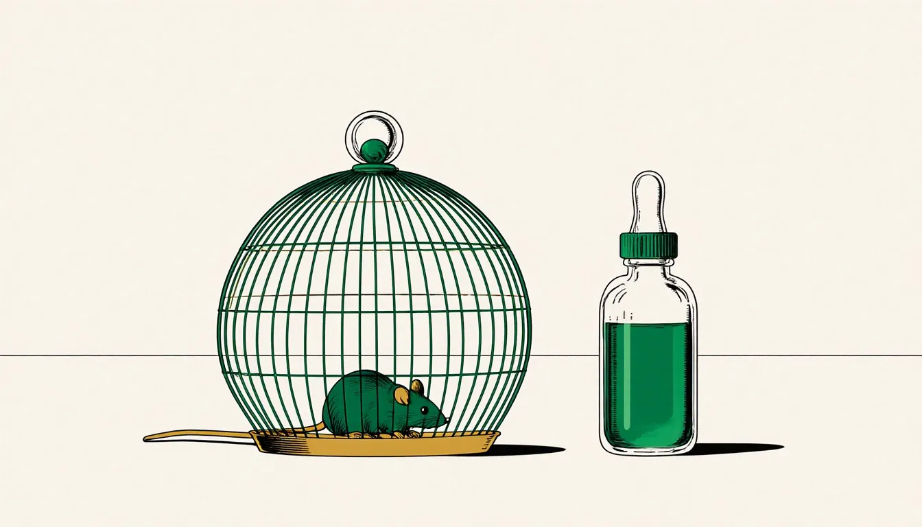 Illustration of a wire laboratory cage with a mouse beside a glass dropper bottle, symbolizing the history of animal testing