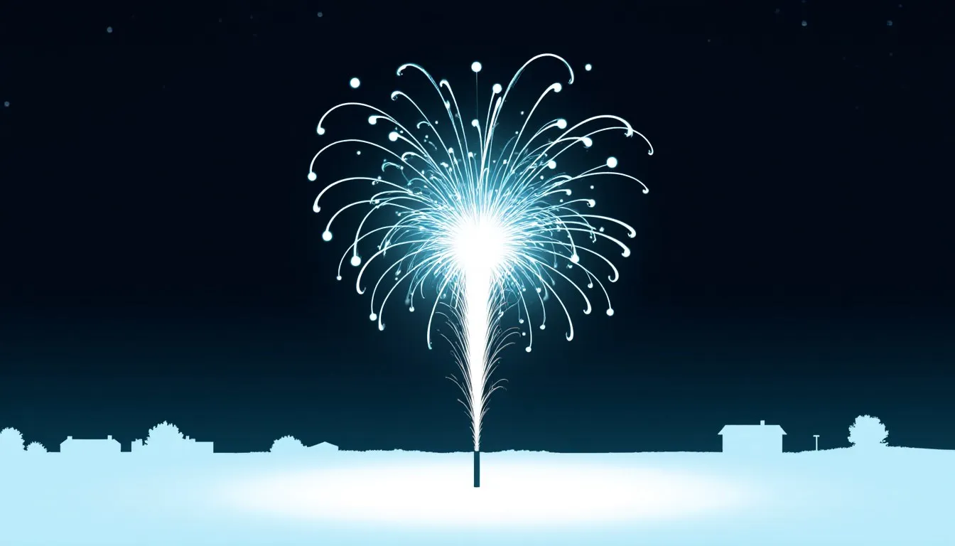 A single firework bursting into radiating trails of colored light against a dark night sky