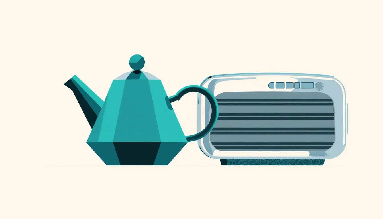 A geometric Bauhaus-style teapot beside a streamlined chrome radio, representing early industrial design eras