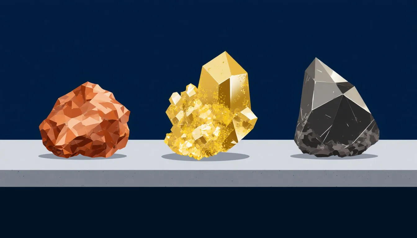 Raw copper, sulfur, and graphite specimens arranged in order along a shelf, evoking the classification of elements.