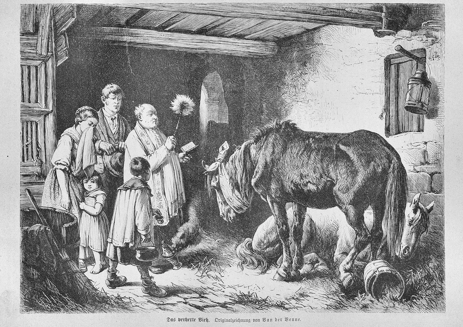 Nineteenth-century engraving of a village horse doctor treating animals