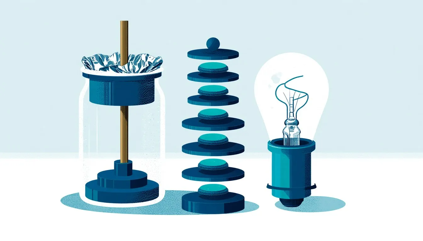 A Leyden jar, a voltaic pile, and an early incandescent bulb grouped together, tracing electricity's discovery.